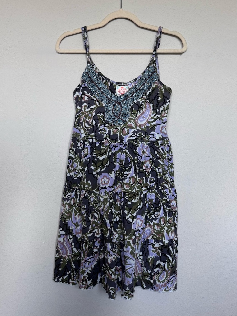 Free People Y2K Western Royalty Beaded Tiered Dress Purple Floral Boho Mini S